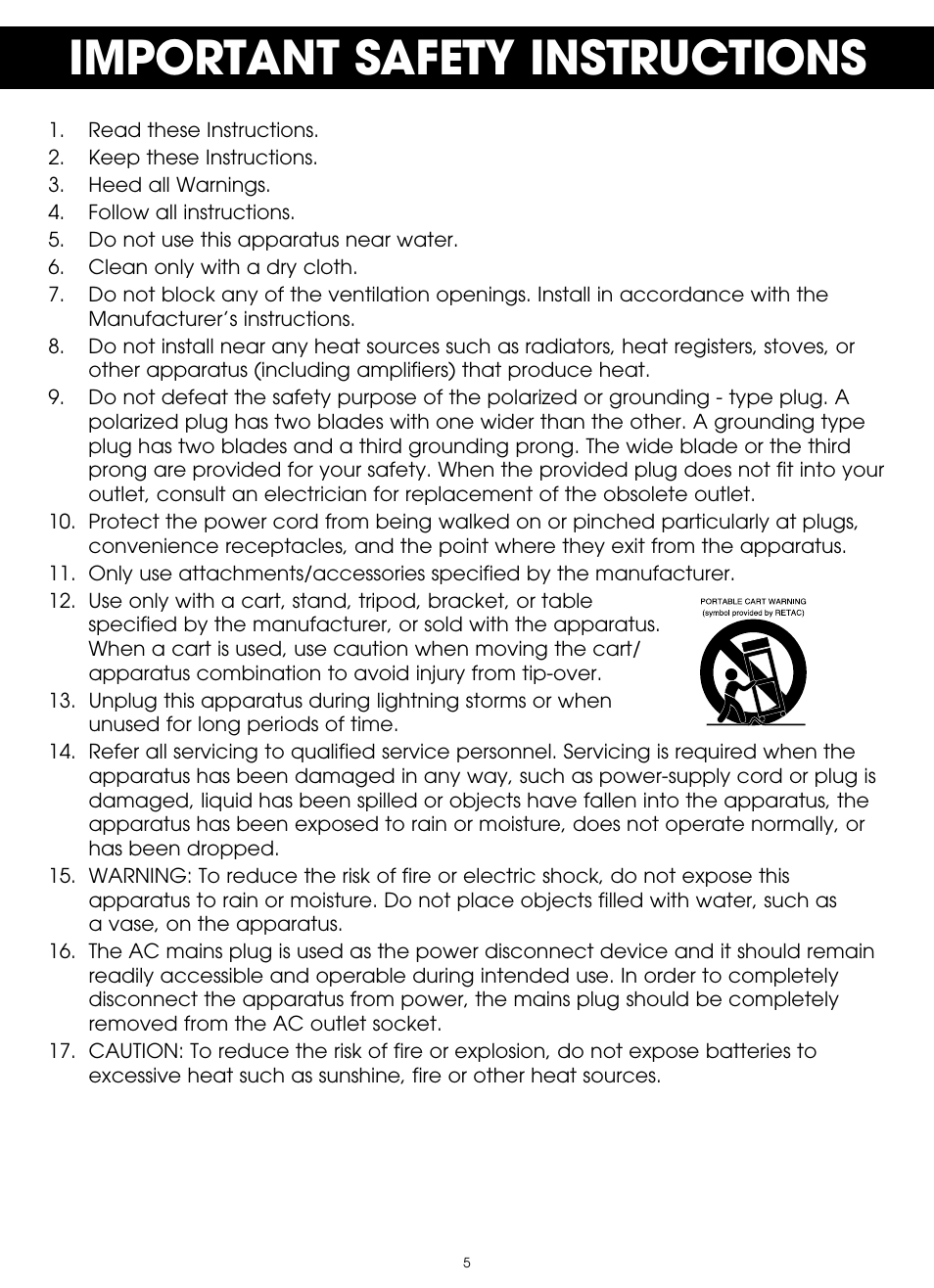 Important safety instructions | TDK TP6803 3 Speaker Boombox User Manual | Page 5 / 78