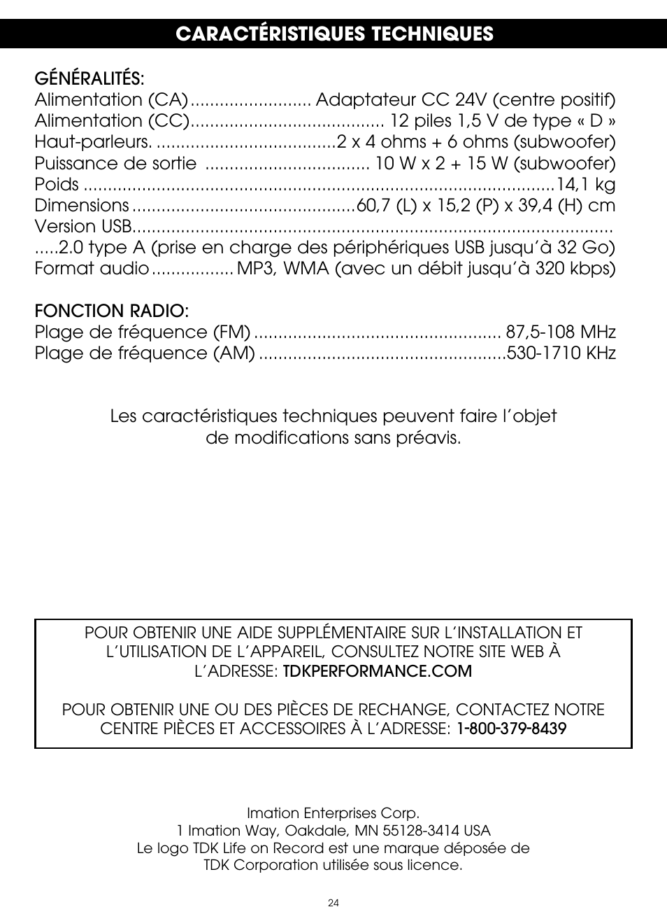 Caractéristiques techniques | TDK TP6803 3 Speaker Boombox User Manual | Page 50 / 78