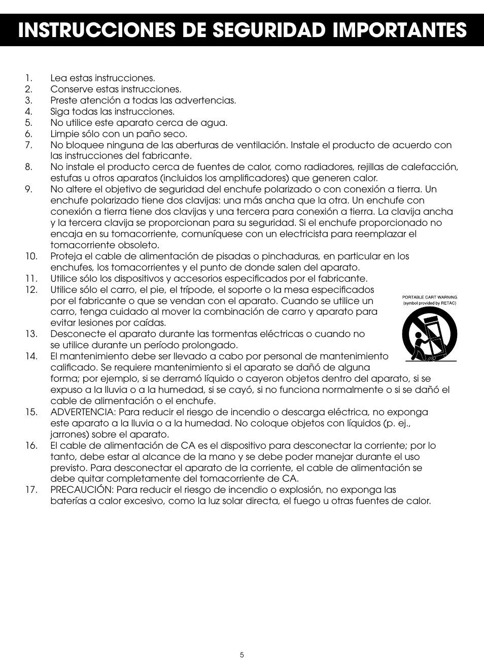 Instrucciones de seguridad importantes | TDK TP6803 3 Speaker Boombox User Manual | Page 57 / 78
