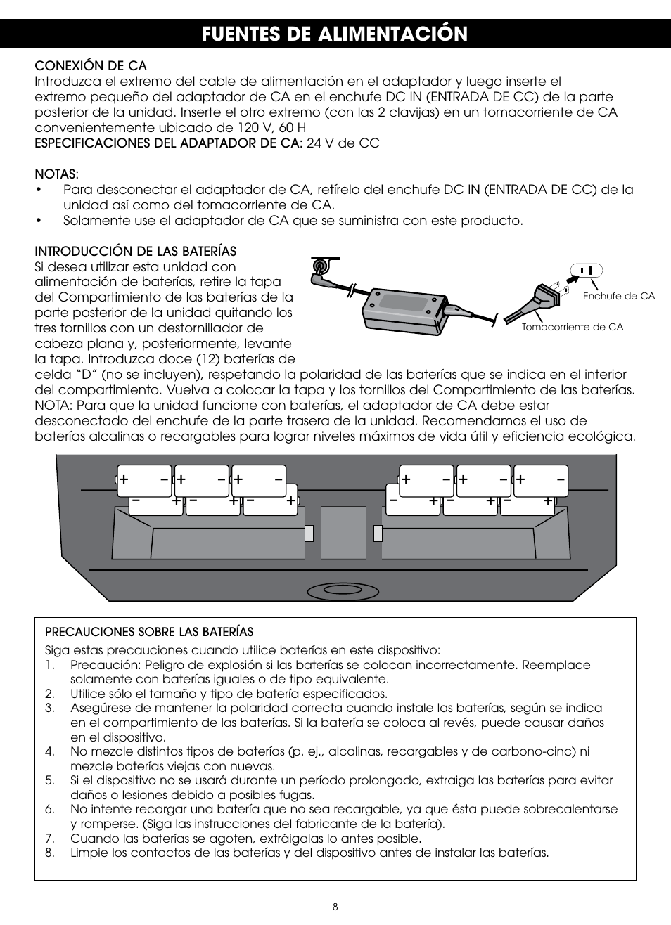 Fuentes de alimentación | TDK TP6803 3 Speaker Boombox User Manual | Page 60 / 78