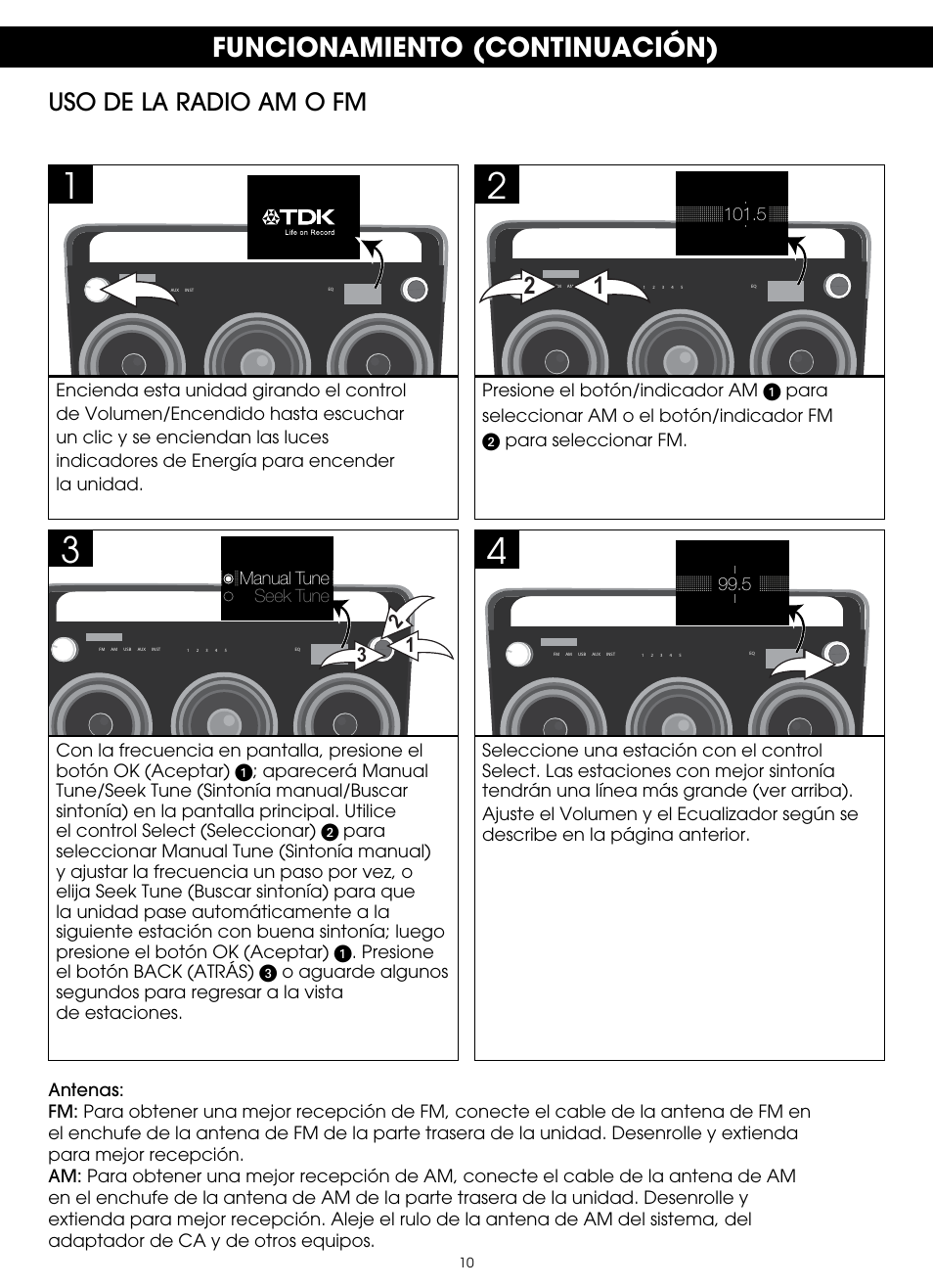 Funcionamiento (continuación), Uso de la radio am o fm | TDK TP6803 3 Speaker Boombox User Manual | Page 62 / 78