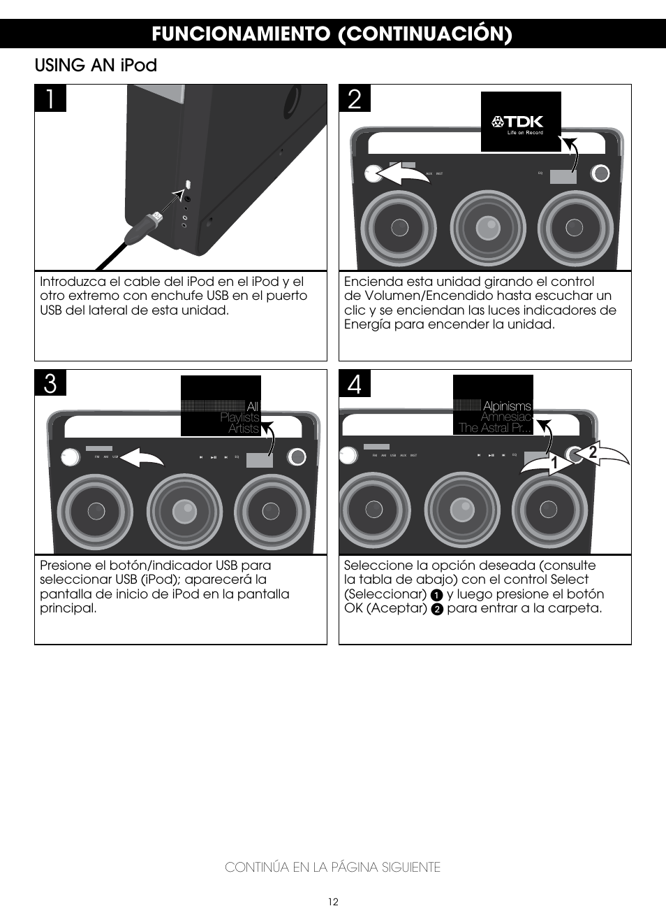 Funcionamiento (continuación), Using an ipod | TDK TP6803 3 Speaker Boombox User Manual | Page 64 / 78