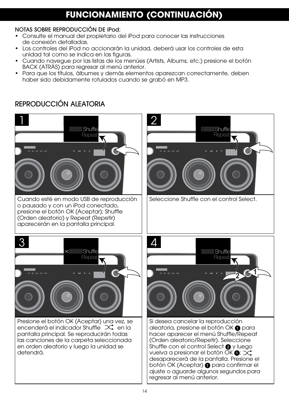 Funcionamiento (continuación), Reproducción aleatoria | TDK TP6803 3 Speaker Boombox User Manual | Page 66 / 78