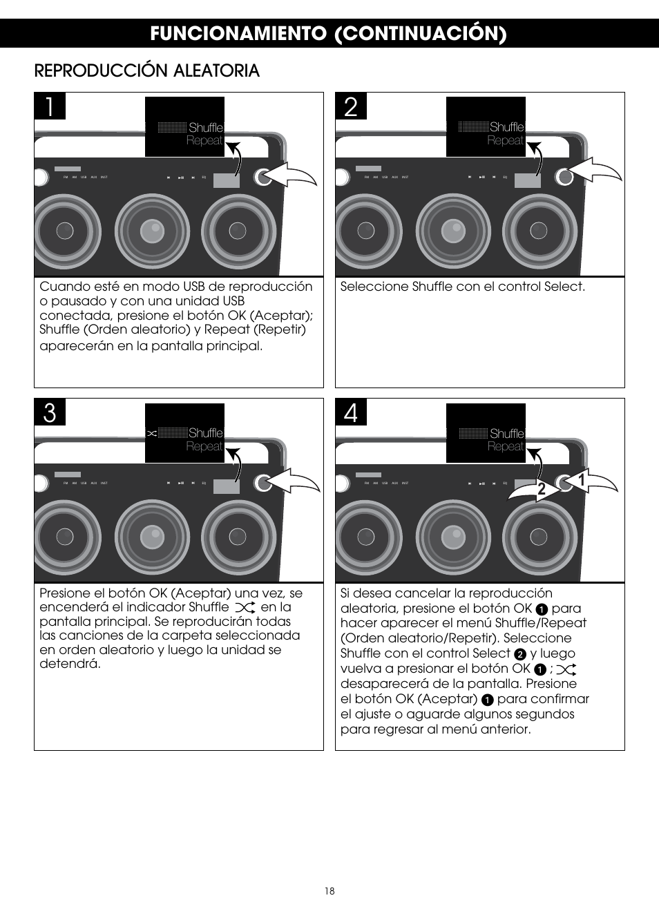 Funcionamiento (continuación), Reproducción aleatoria | TDK TP6803 3 Speaker Boombox User Manual | Page 70 / 78