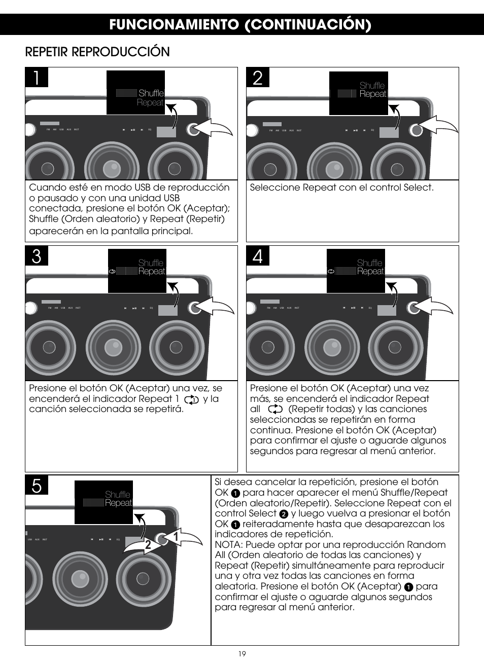 Funcionamiento (continuación), Repetir reproducción | TDK TP6803 3 Speaker Boombox User Manual | Page 71 / 78