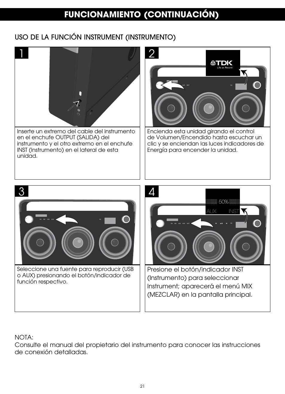 Funcionamiento (continuación), Uso de la función instrument (instrumento) | TDK TP6803 3 Speaker Boombox User Manual | Page 73 / 78