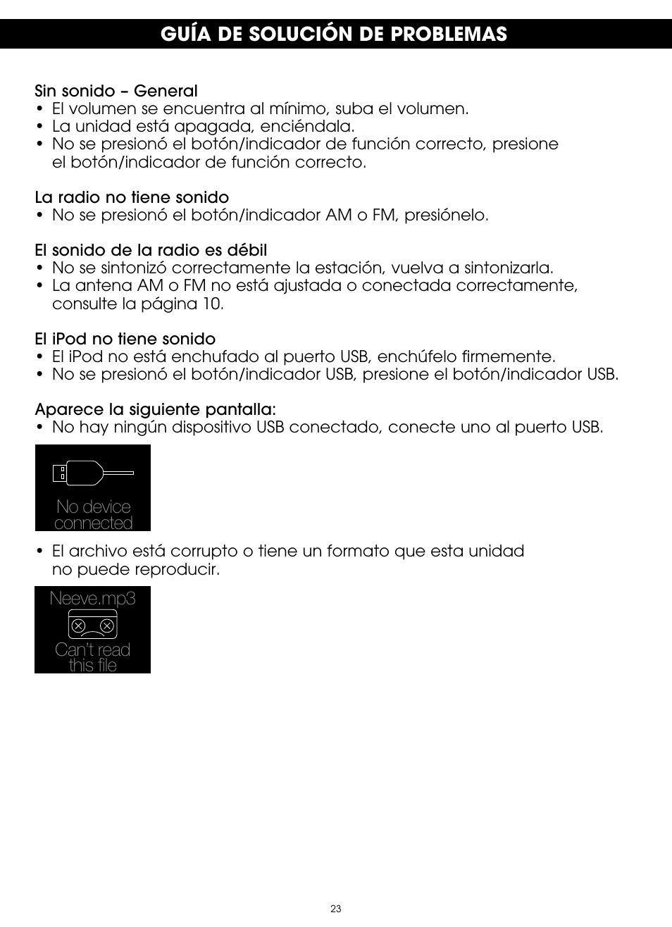 Guía de solución de problemas | TDK TP6803 3 Speaker Boombox User Manual | Page 75 / 78