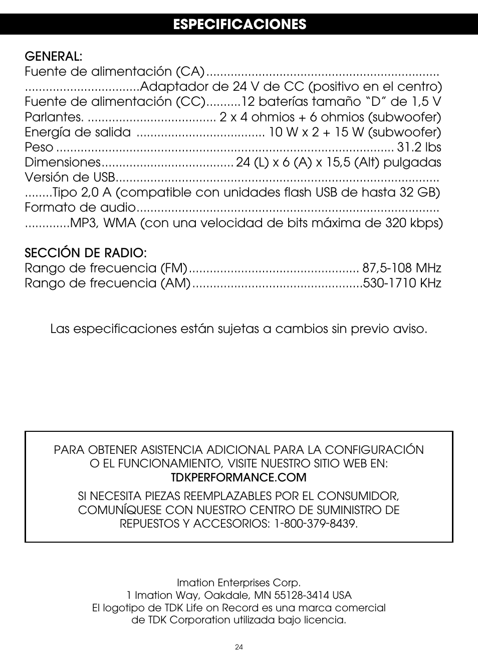 Especificaciones | TDK TP6803 3 Speaker Boombox User Manual | Page 76 / 78