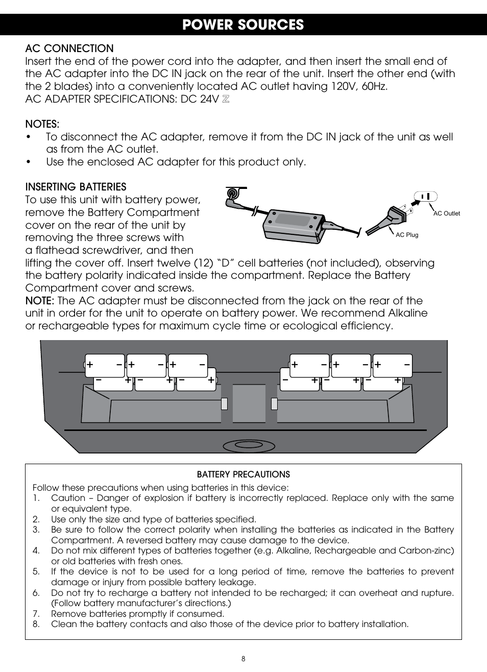 Power sources | TDK TP6803 3 Speaker Boombox User Manual | Page 8 / 78