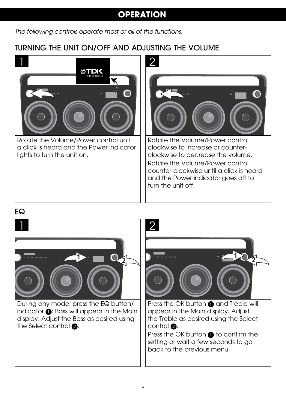 Operation, Turning the unit on/off and adjusting the volume | TDK TP6803 3 Speaker Boombox User Manual | Page 9 / 78