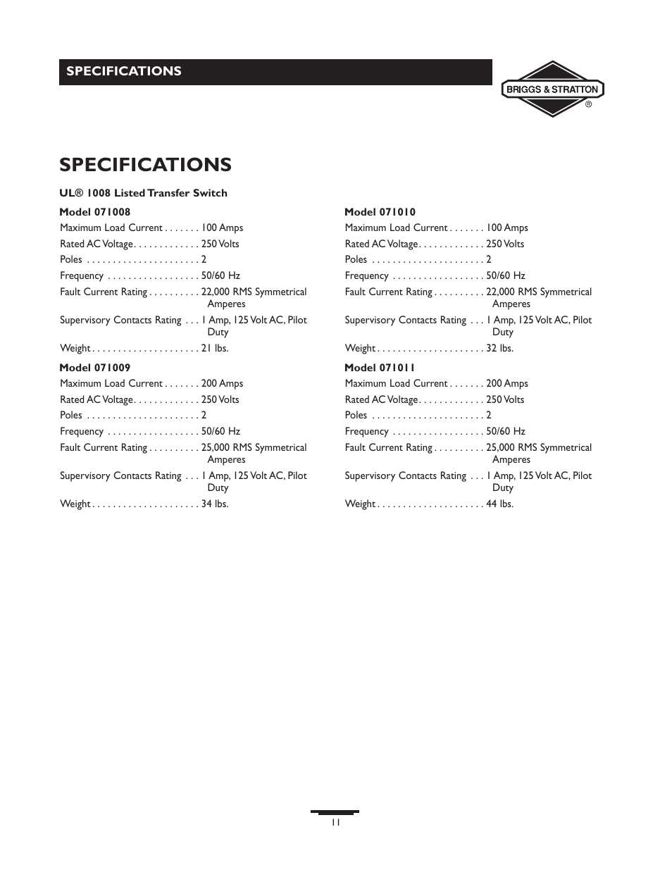 Specifications | Briggs & Stratton 71009 User Manual | Page 11 / 44