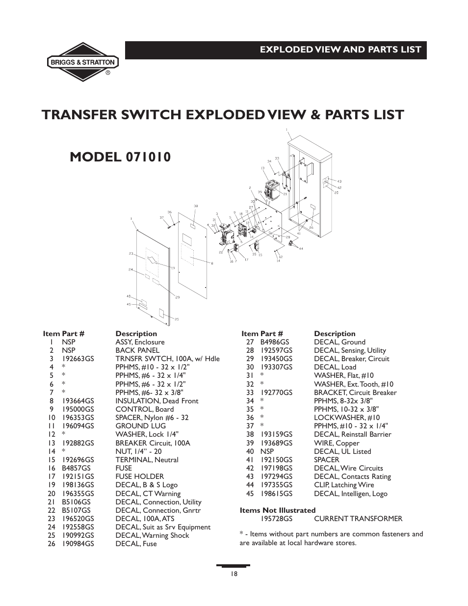 Transfer switch exploded view & parts list | Briggs & Stratton 71009 User Manual | Page 18 / 44