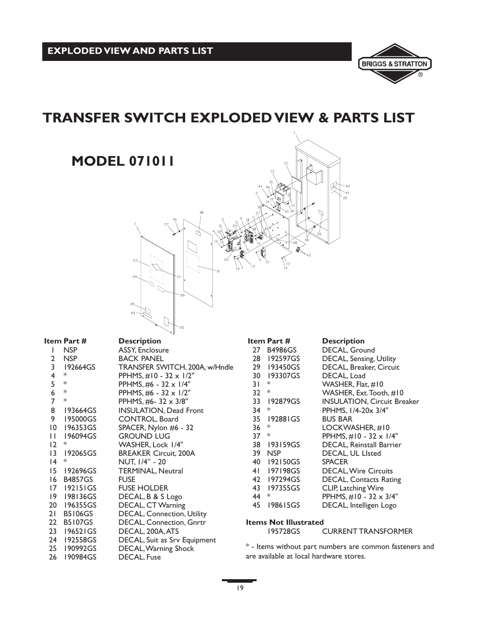 Transfer switch exploded view & parts list | Briggs & Stratton 71009 User Manual | Page 19 / 44