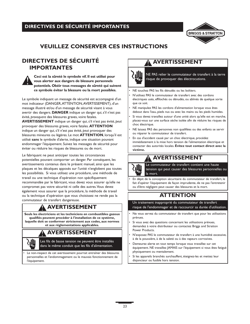 Directives de sécurité importantes, Avertissement, Attention | Avertissement veuillez conserver ces instructions | Briggs & Stratton 71009 User Manual | Page 23 / 44