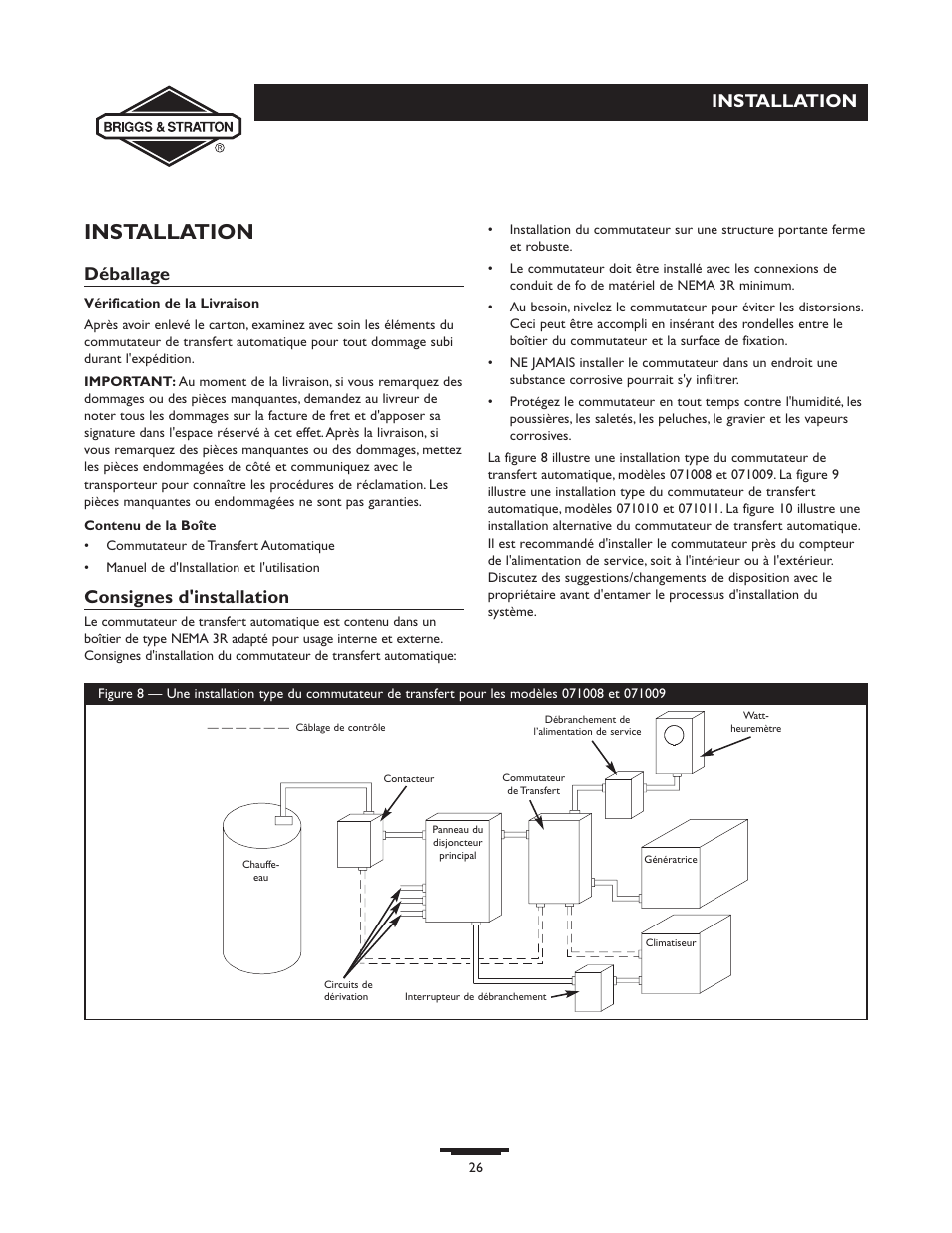 Installation, Déballage, Consignes d'installation | Briggs & Stratton 71009 User Manual | Page 26 / 44