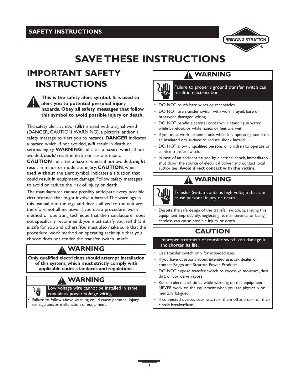 Safety instructions, Save these instructions, Important safety instructions | Warning, Caution | Briggs & Stratton 71009 User Manual | Page 3 / 44