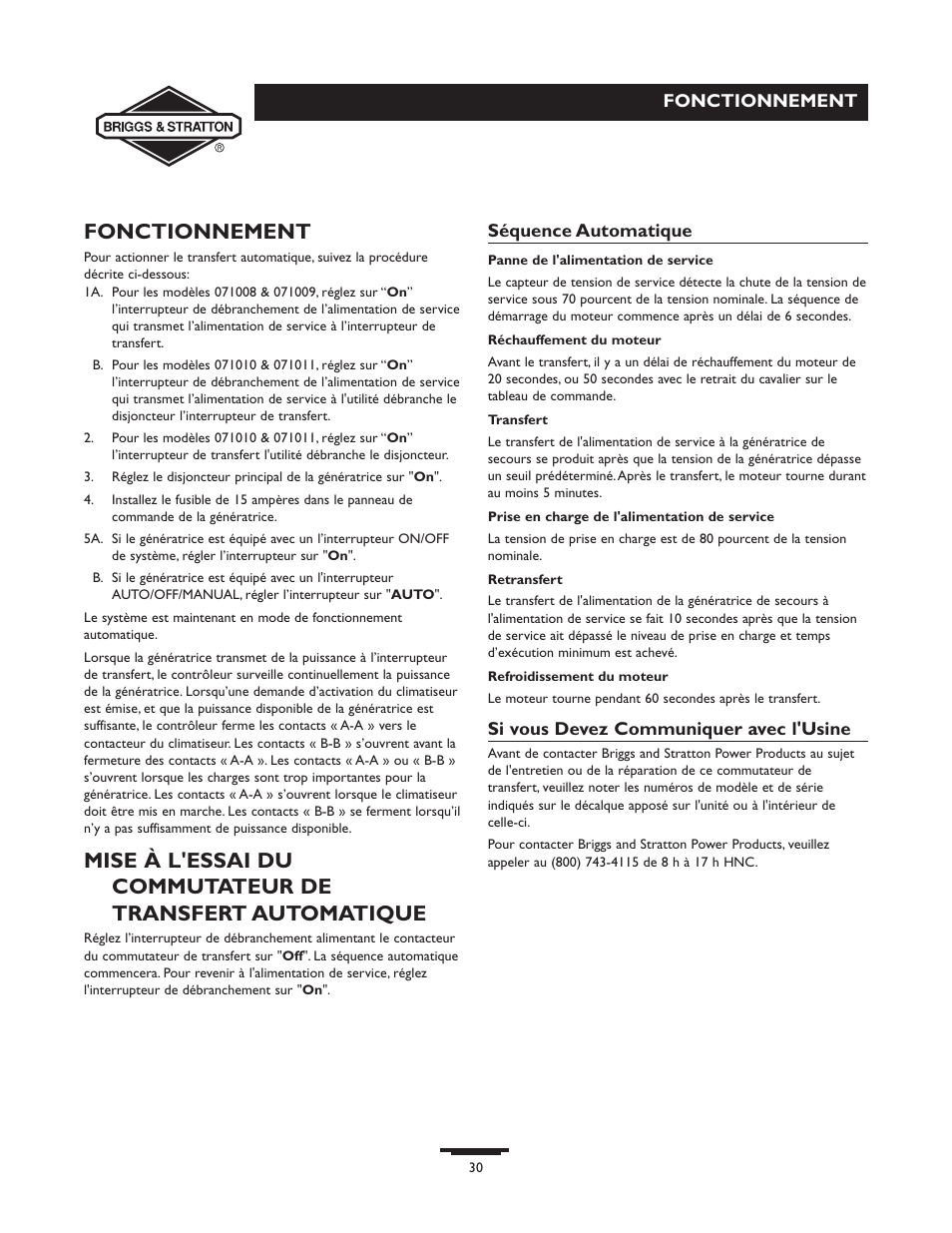 Fonctionnement | Briggs & Stratton 71009 User Manual | Page 30 / 44
