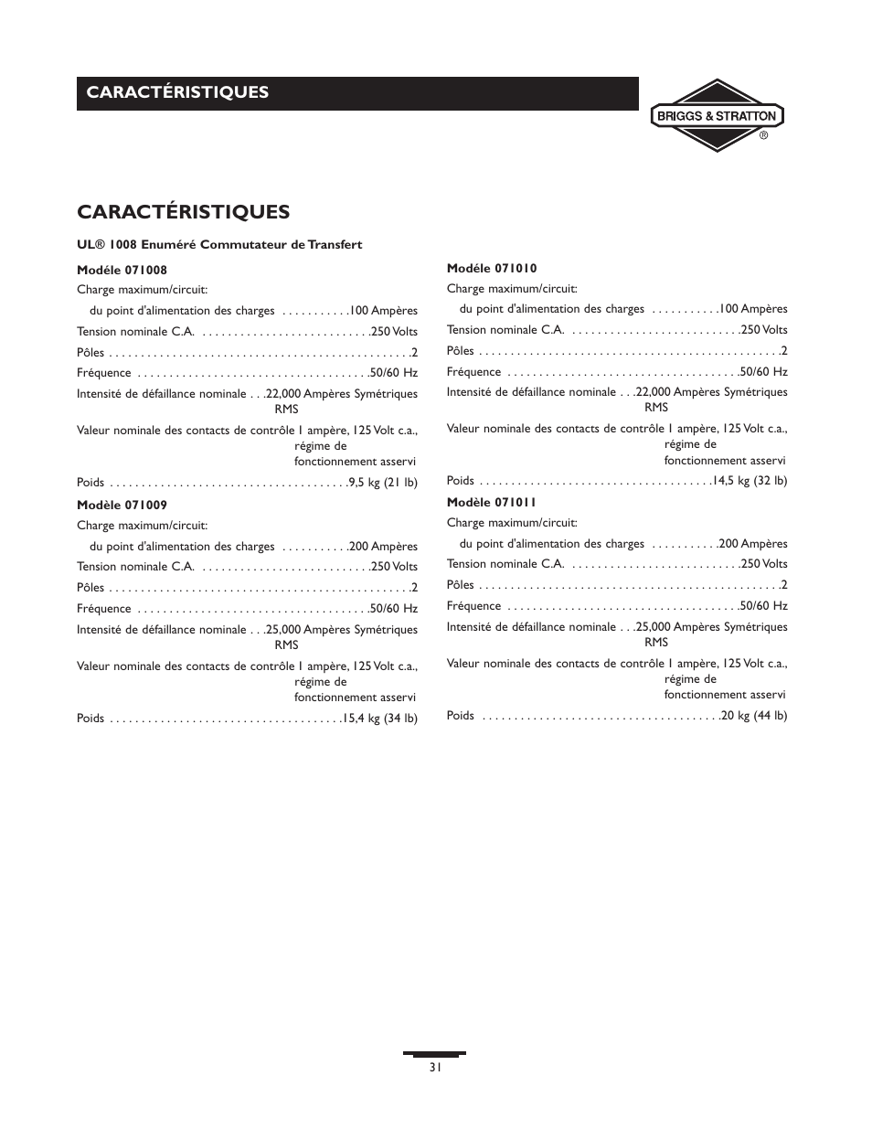 Caractéristiques | Briggs & Stratton 71009 User Manual | Page 31 / 44