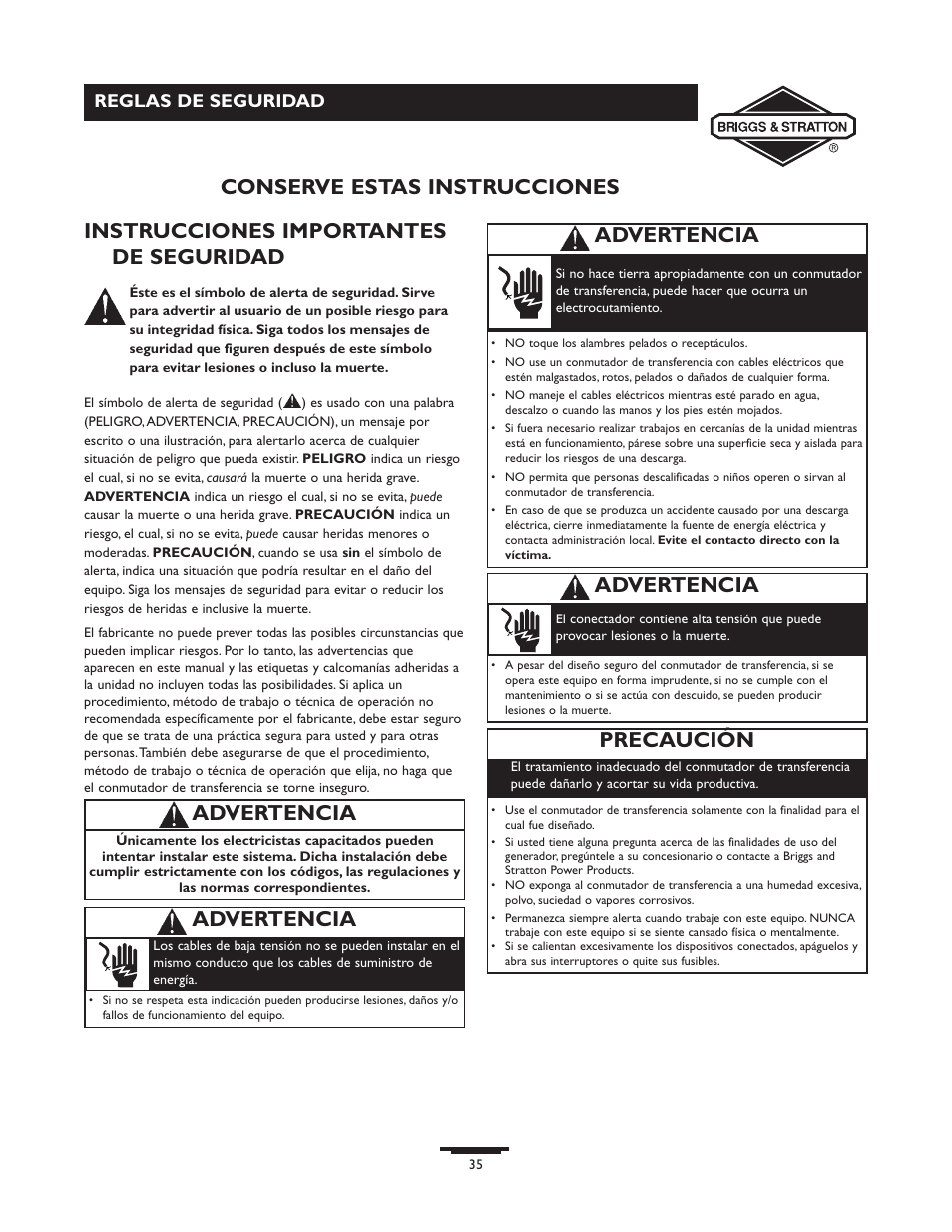 Instrucciones importantes de seguridad, Advertencia, Precaución | Advertencia conserve estas instrucciones, Reglas de seguridad | Briggs & Stratton 71009 User Manual | Page 35 / 44