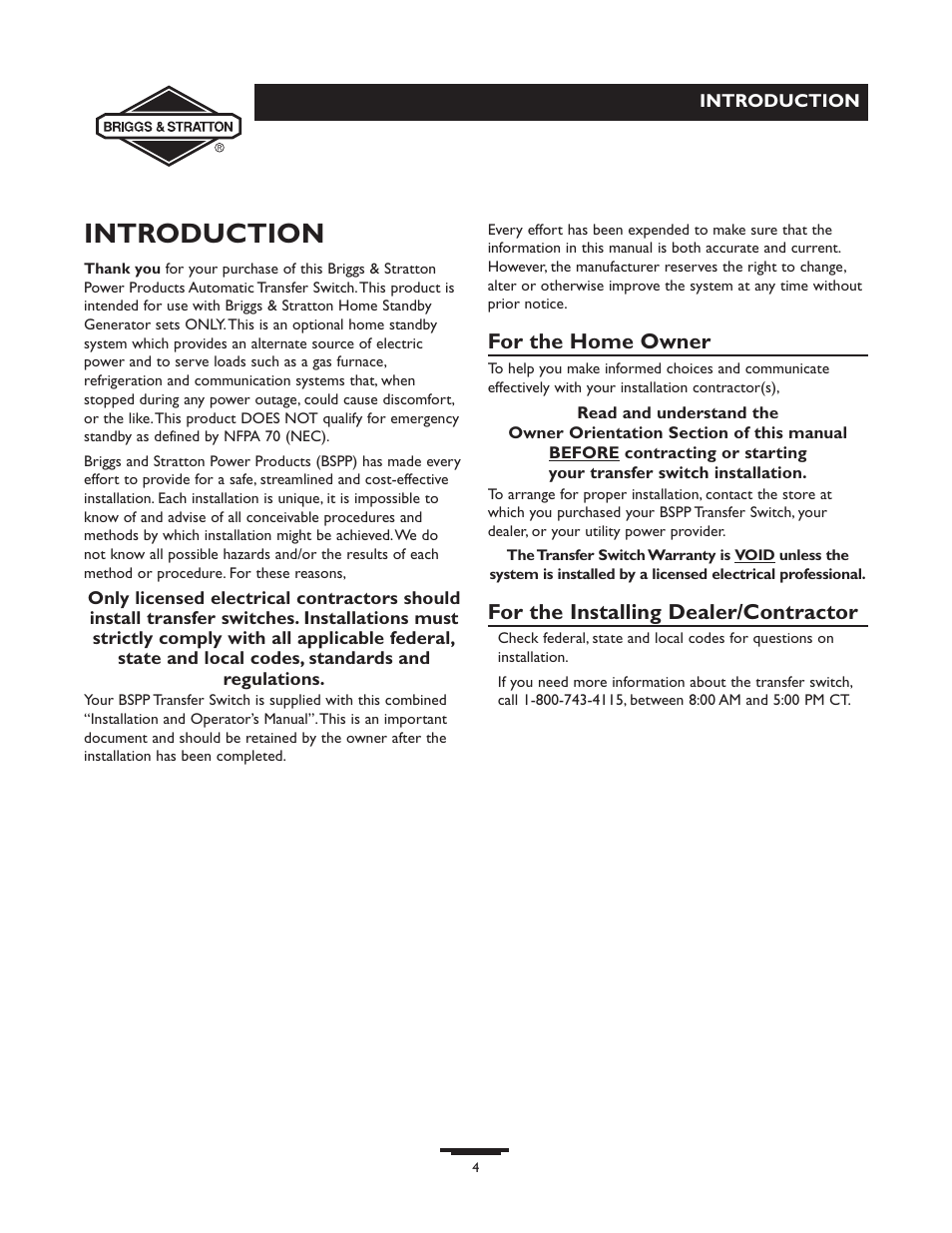 Introductio, Introduction, For the home owner | For the installing dealer/contractor | Briggs & Stratton 71009 User Manual | Page 4 / 44