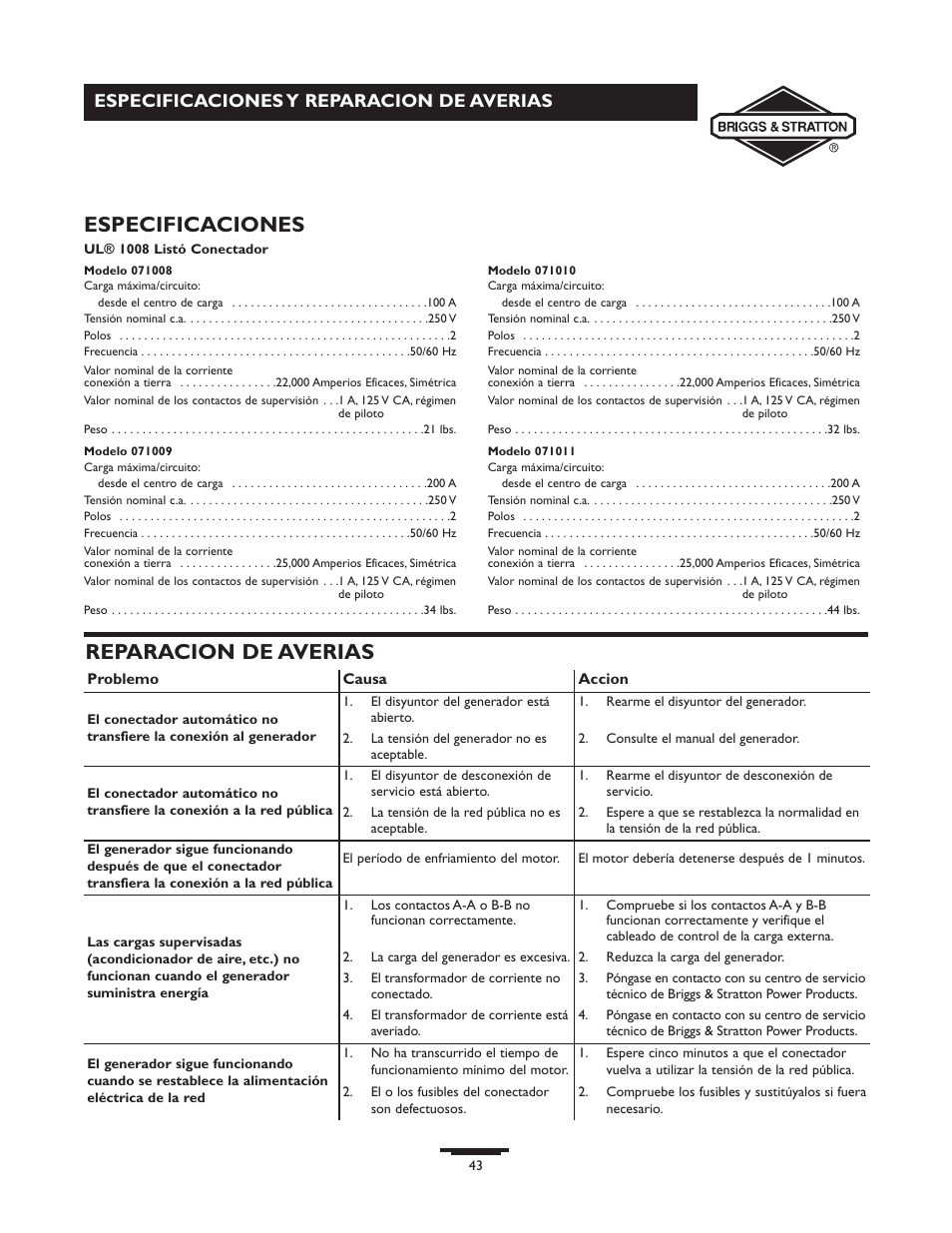 Reparacion de averias, Especificaciones, Especificaciones y reparacion de averias | Briggs & Stratton 71009 User Manual | Page 43 / 44