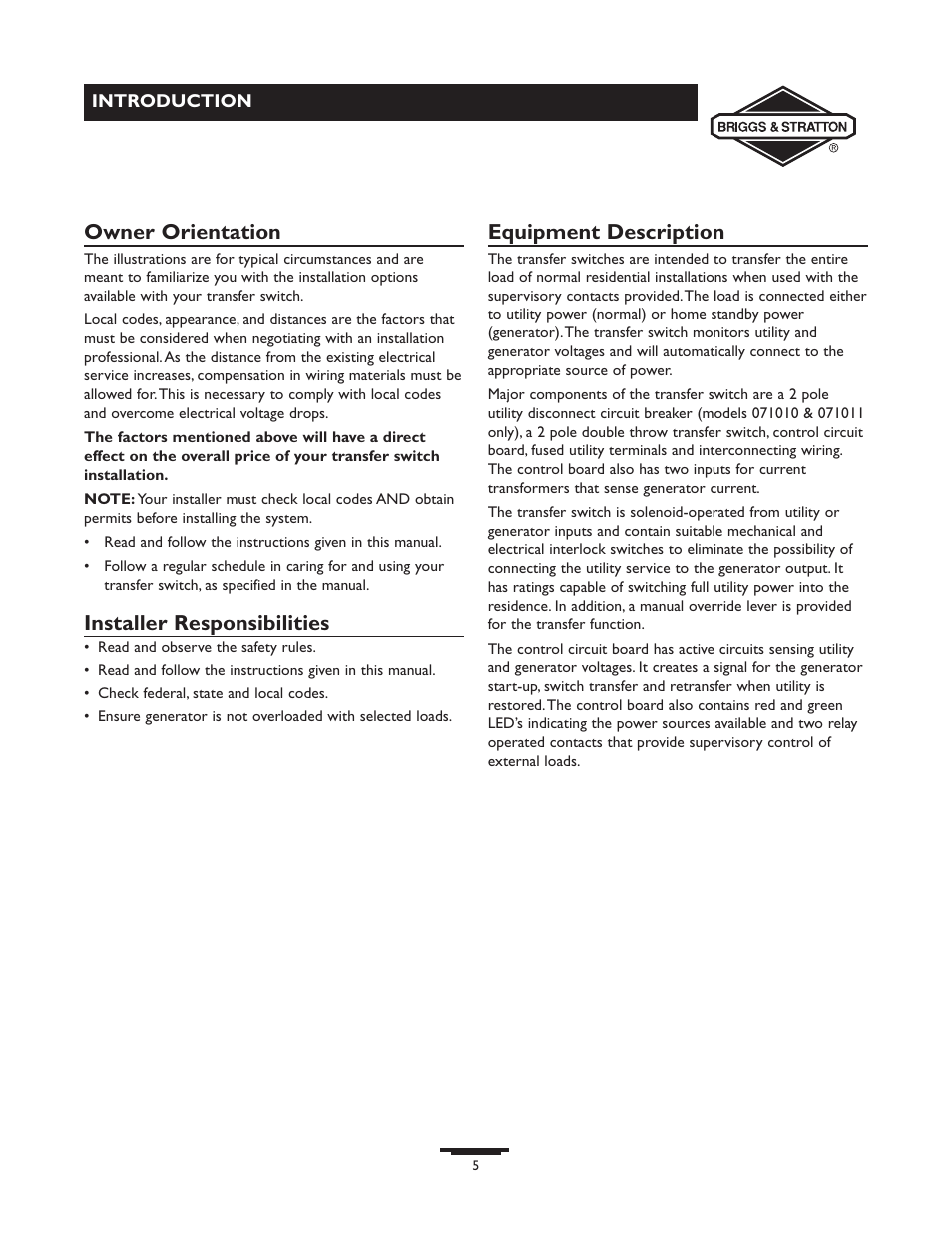 Owner orientation, Installer responsibilities, Equipment description | Briggs & Stratton 71009 User Manual | Page 5 / 44
