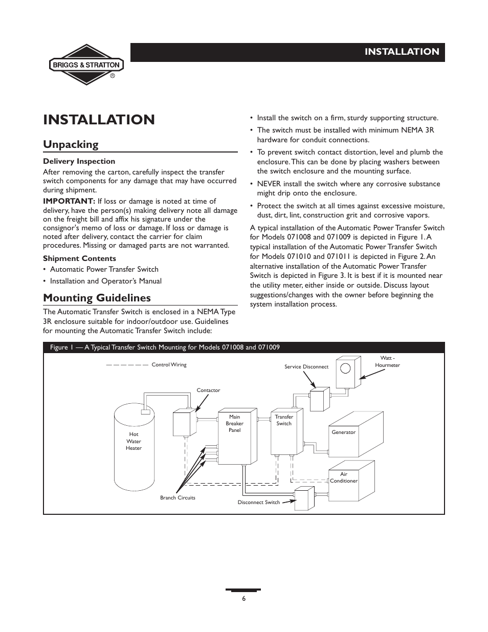 Unpacking, Mounting guidelines, Installation | Briggs & Stratton 71009 User Manual | Page 6 / 44