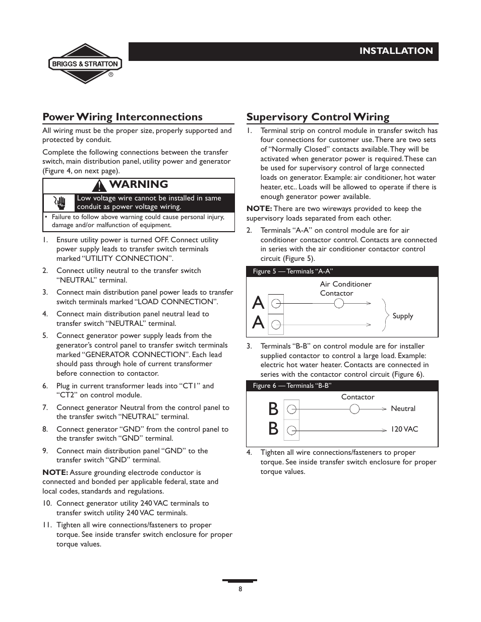 Power wiring interconnections, Supervisory control wiring, Warning | Briggs & Stratton 71009 User Manual | Page 8 / 44