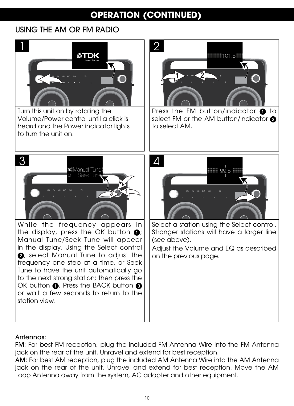 Operation (continued), Using the am or fm radio | TDK TP6802 2-Speaker Boombox User Manual | Page 10 / 78