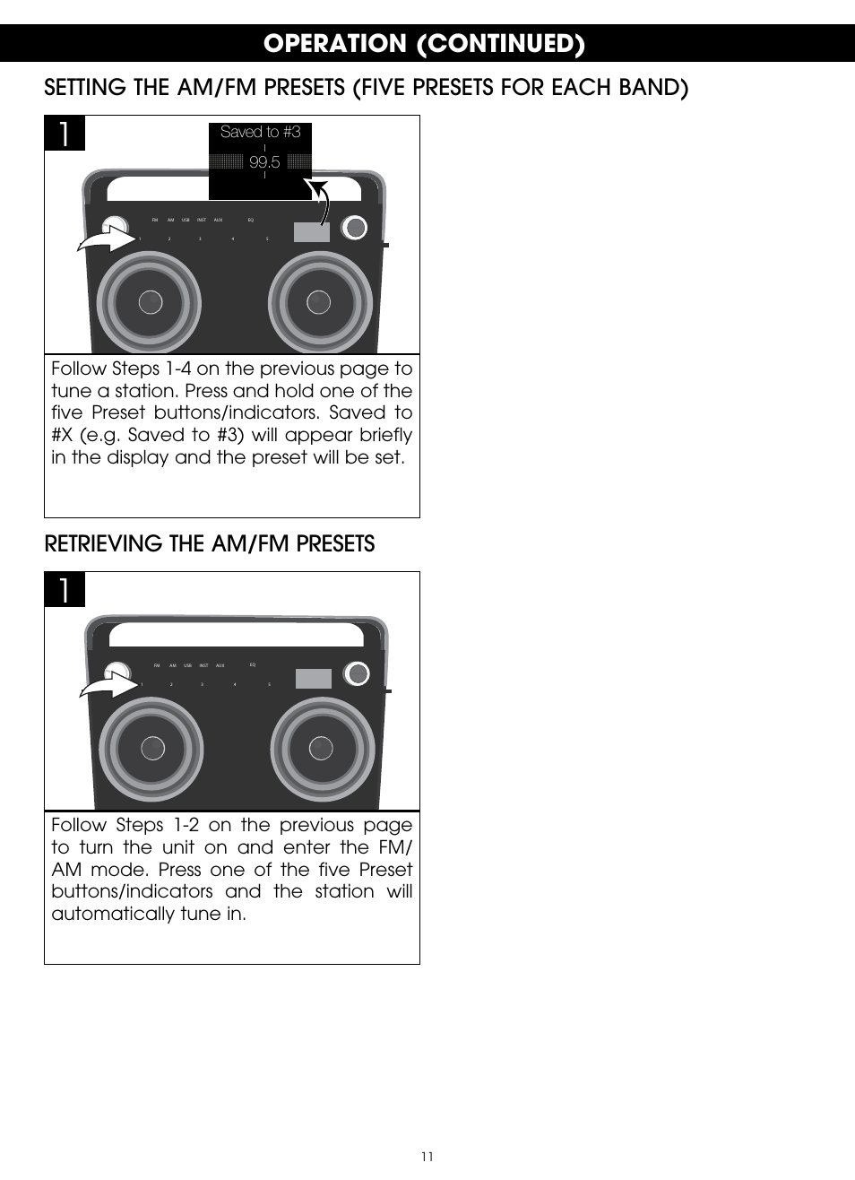 Operation (continued), Retrieving the am/fm presets | TDK TP6802 2-Speaker Boombox User Manual | Page 11 / 78