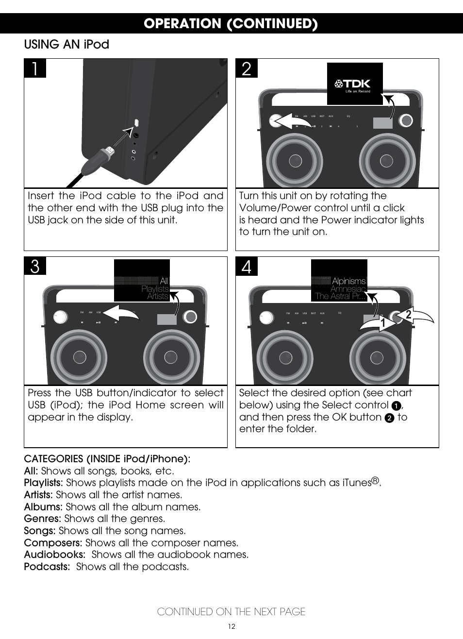 Operation (continued), Using an ipod | TDK TP6802 2-Speaker Boombox User Manual | Page 12 / 78