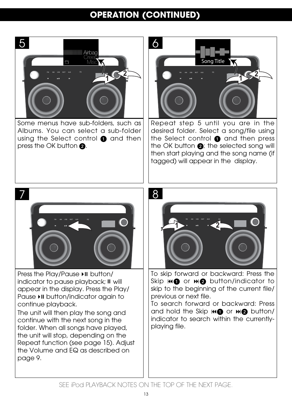 Operation (continued) | TDK TP6802 2-Speaker Boombox User Manual | Page 13 / 78