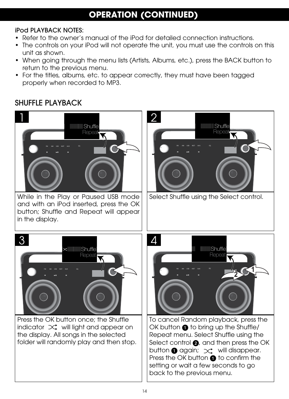 Operation (continued), Shuffle playback | TDK TP6802 2-Speaker Boombox User Manual | Page 14 / 78