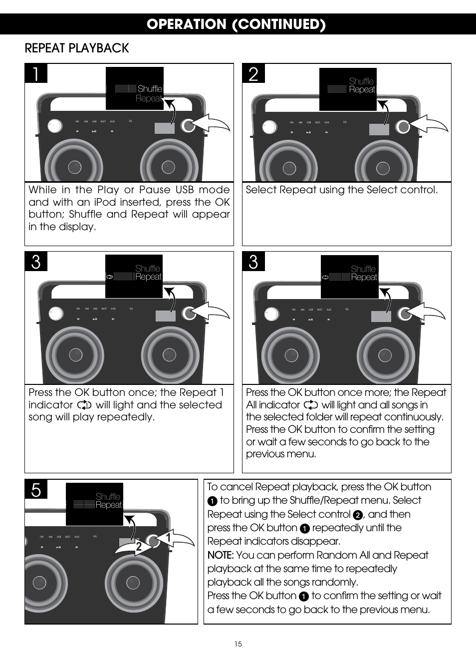 Operation (continued), Repeat playback, Select repeat using the select control | TDK TP6802 2-Speaker Boombox User Manual | Page 15 / 78