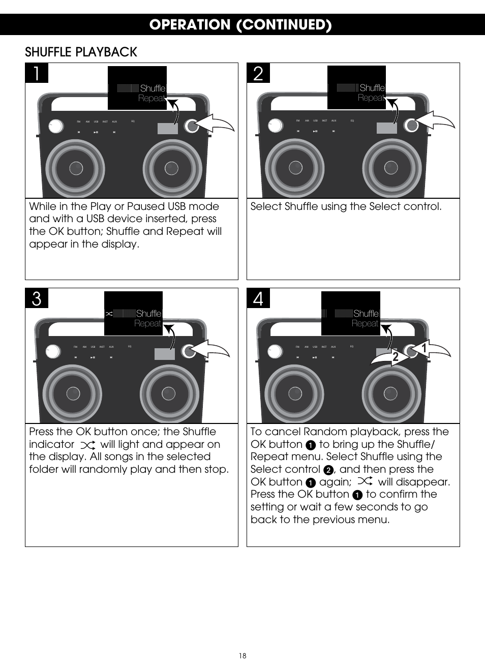 Operation (continued), Shuffle playback | TDK TP6802 2-Speaker Boombox User Manual | Page 18 / 78