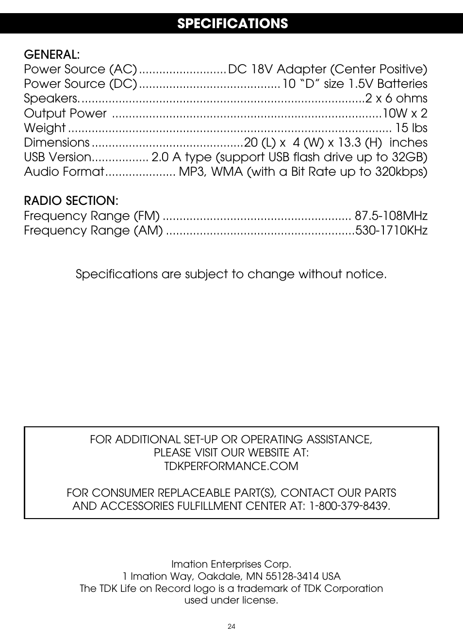 Specifications | TDK TP6802 2-Speaker Boombox User Manual | Page 24 / 78