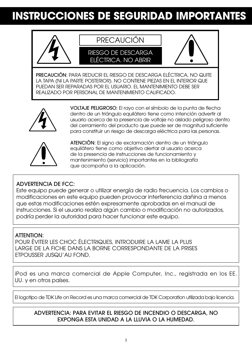 Instrucciones de seguridad importantes, Precaución | TDK TP6802 2-Speaker Boombox User Manual | Page 29 / 78