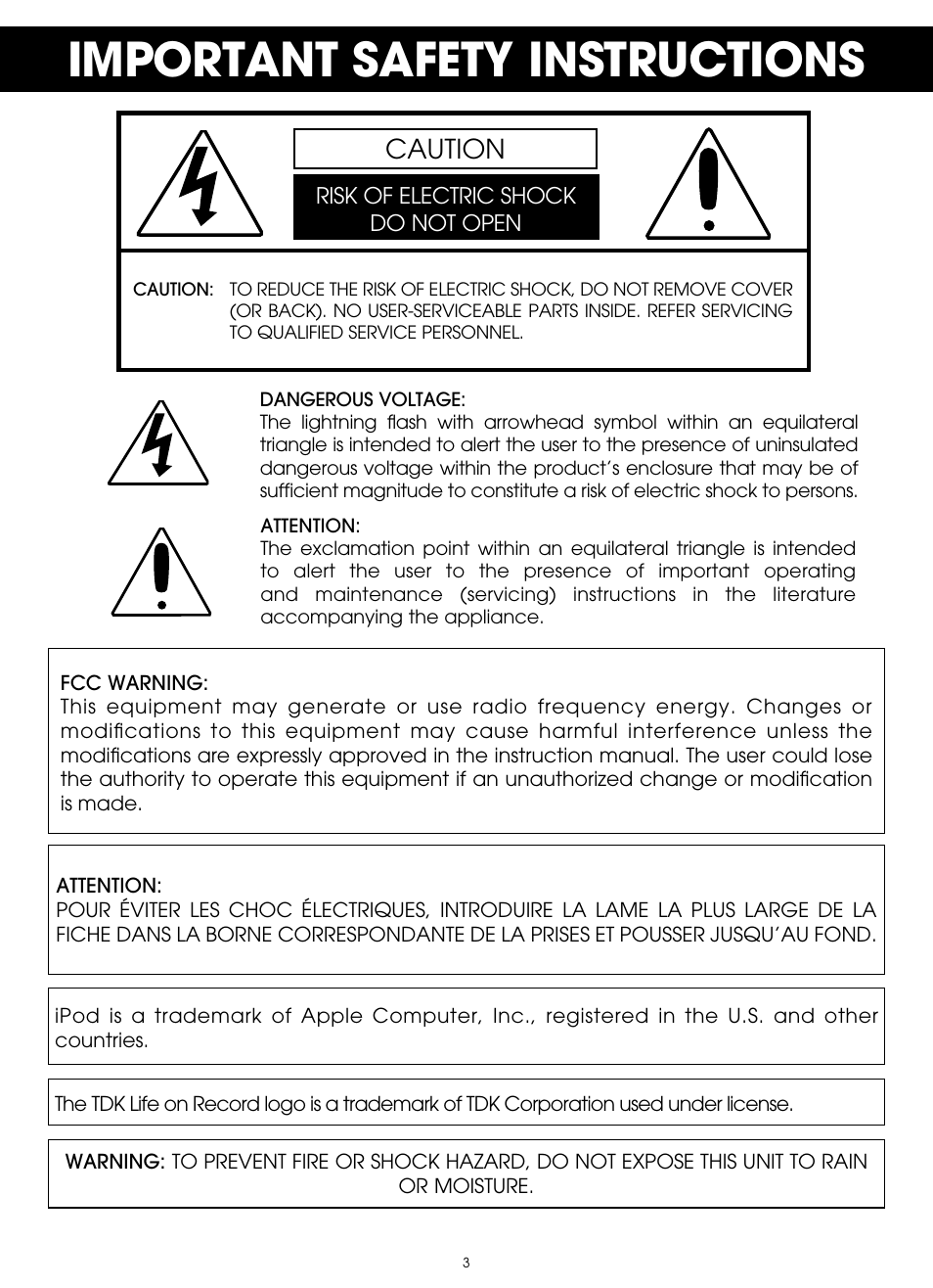 Important safety instructions, Caution | TDK TP6802 2-Speaker Boombox User Manual | Page 3 / 78