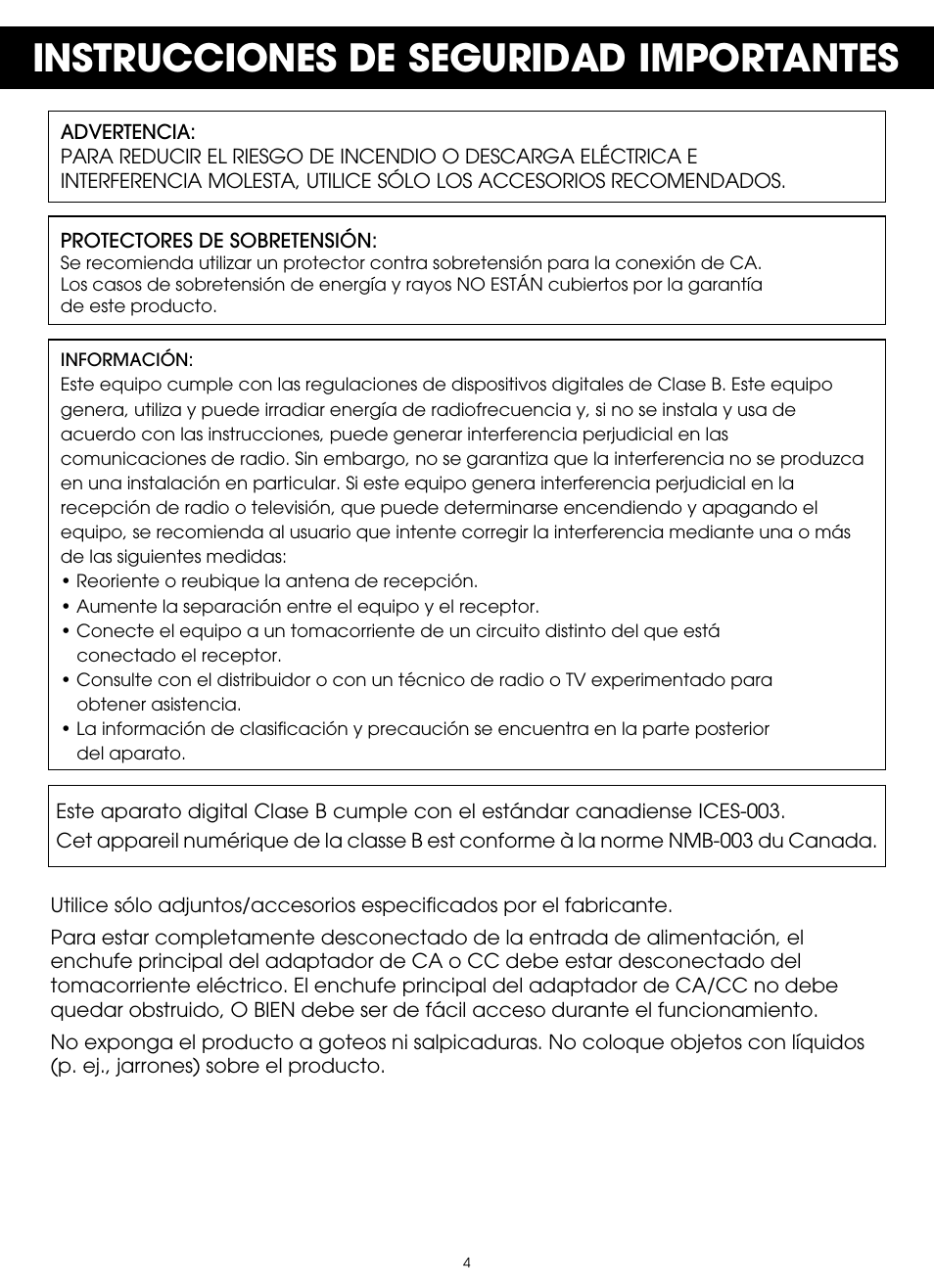 Instrucciones de seguridad importantes | TDK TP6802 2-Speaker Boombox User Manual | Page 30 / 78