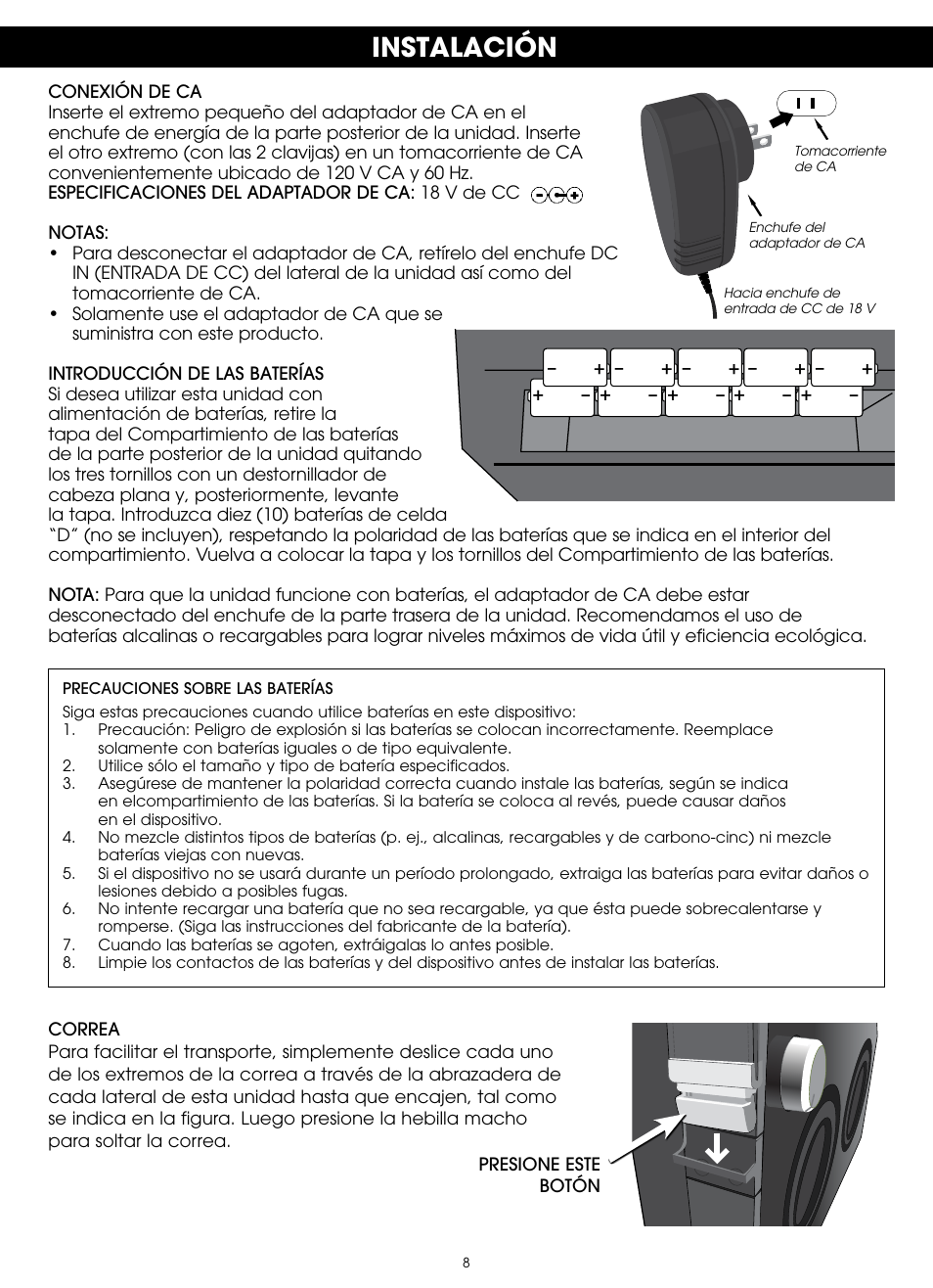 Instalación | TDK TP6802 2-Speaker Boombox User Manual | Page 34 / 78