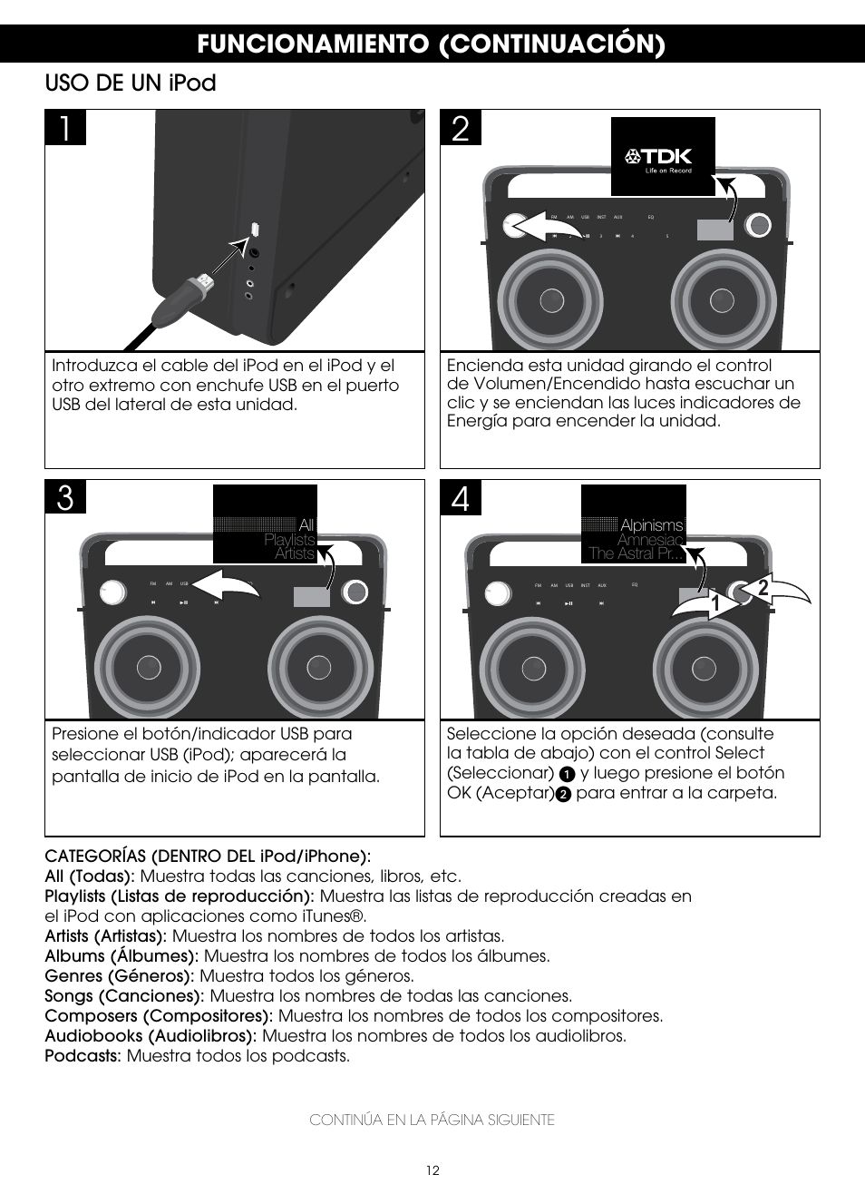 Funcionamiento (continuación), Uso de un ipod | TDK TP6802 2-Speaker Boombox User Manual | Page 38 / 78