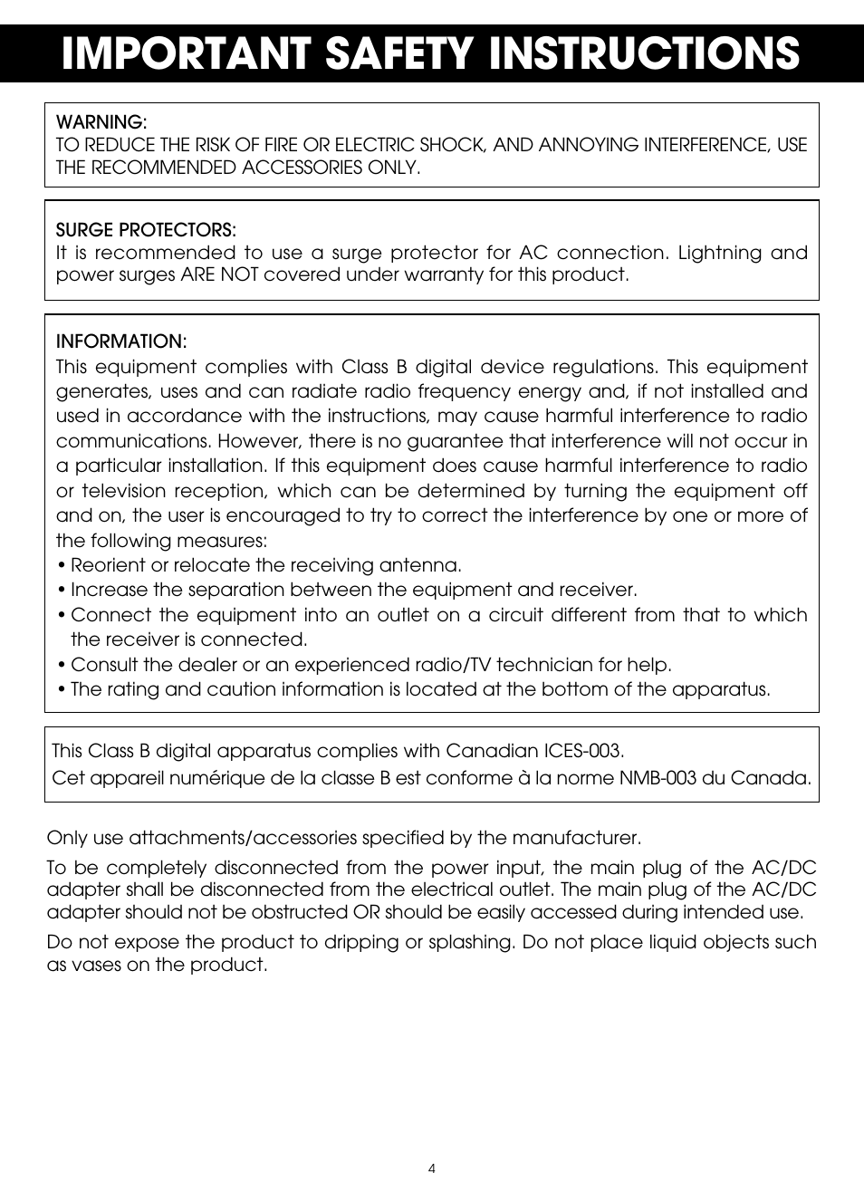 Important safety instructions | TDK TP6802 2-Speaker Boombox User Manual | Page 4 / 78