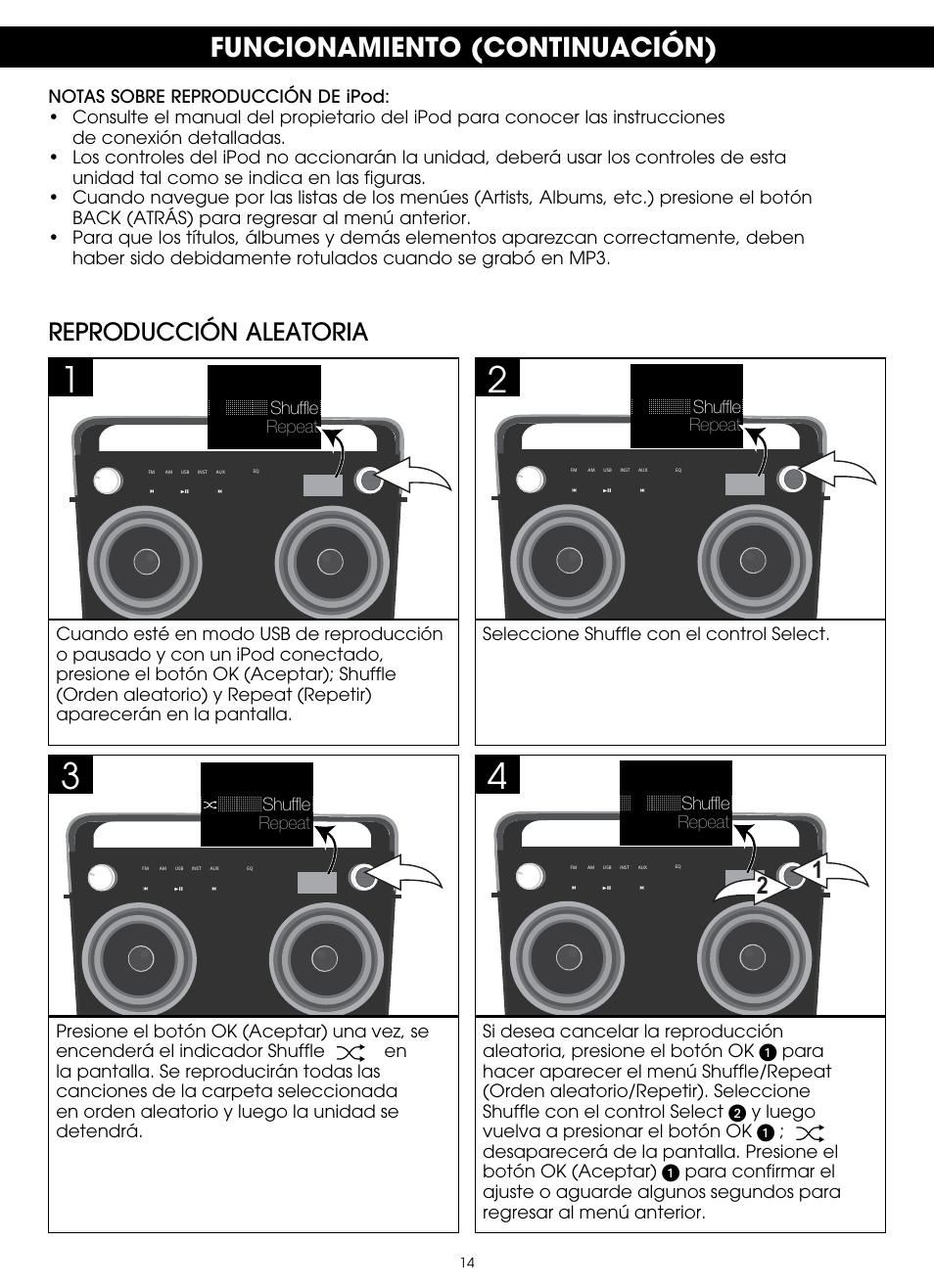 Funcionamiento (continuación), Reproducción aleatoria | TDK TP6802 2-Speaker Boombox User Manual | Page 40 / 78