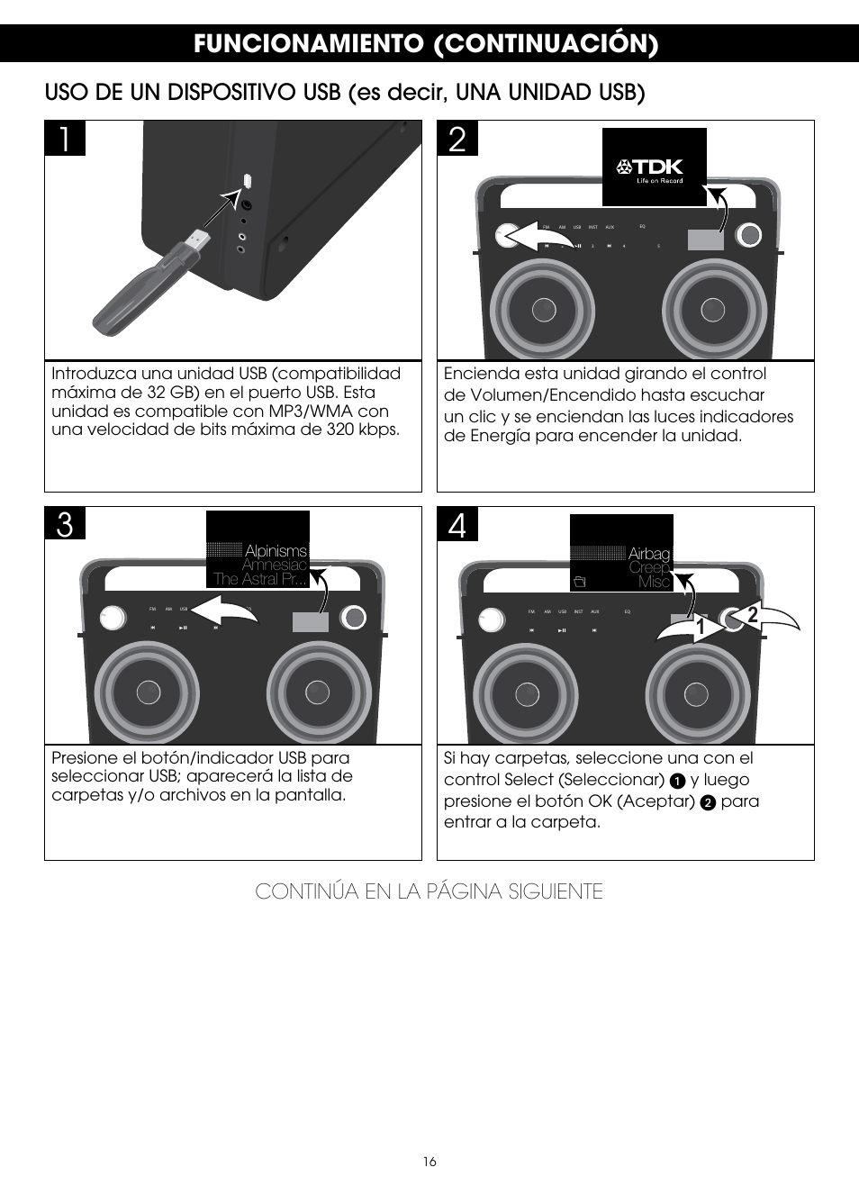 Funcionamiento (continuación), Continúa en la página siguiente | TDK TP6802 2-Speaker Boombox User Manual | Page 42 / 78