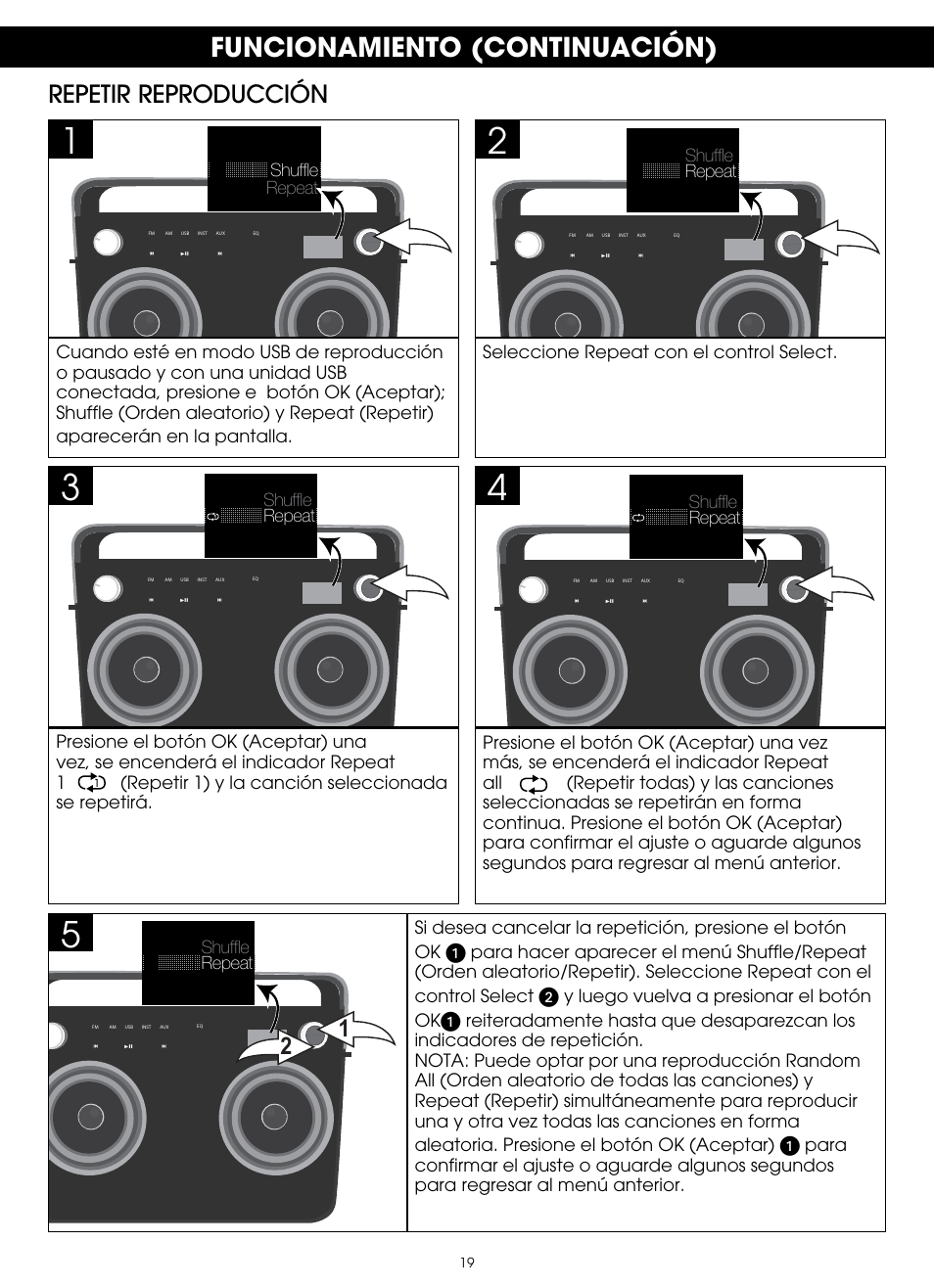 Funcionamiento (continuación), Repetir reproducción | TDK TP6802 2-Speaker Boombox User Manual | Page 45 / 78