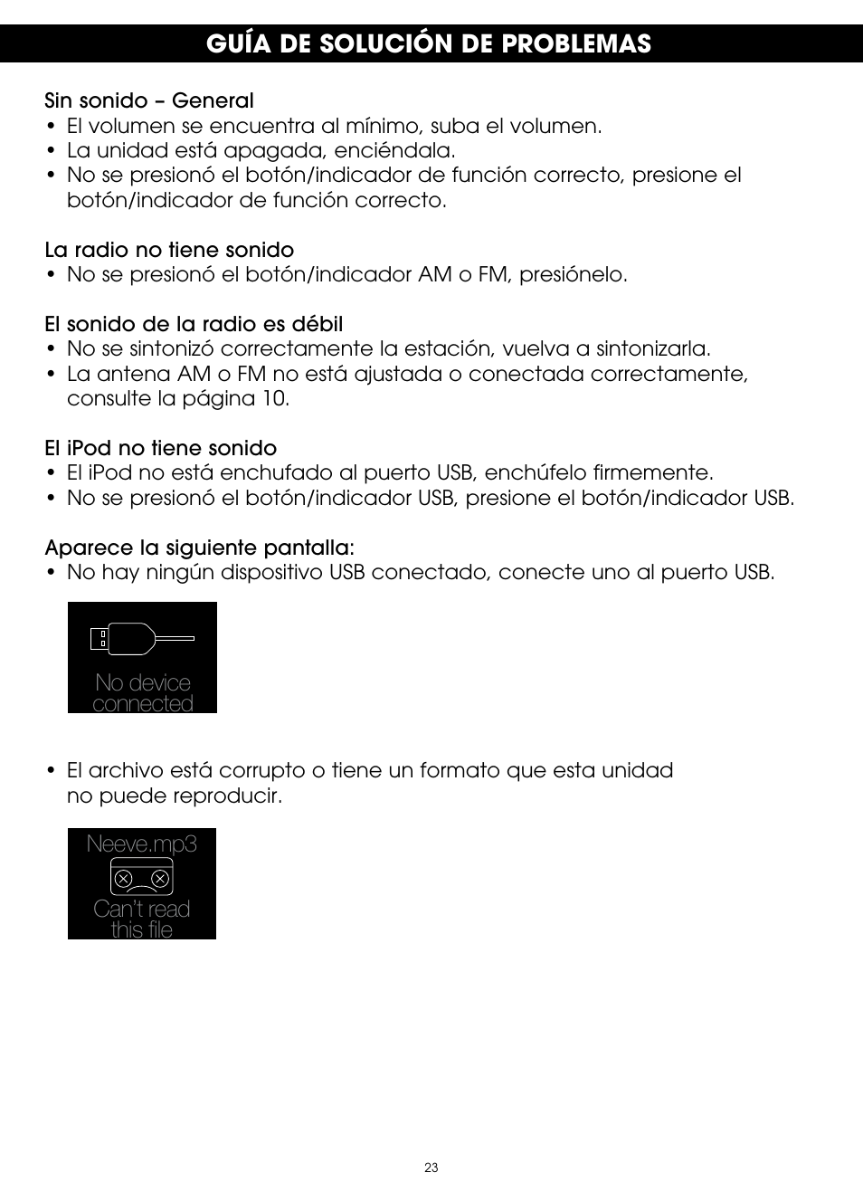 Guía de solución de problemas | TDK TP6802 2-Speaker Boombox User Manual | Page 49 / 78