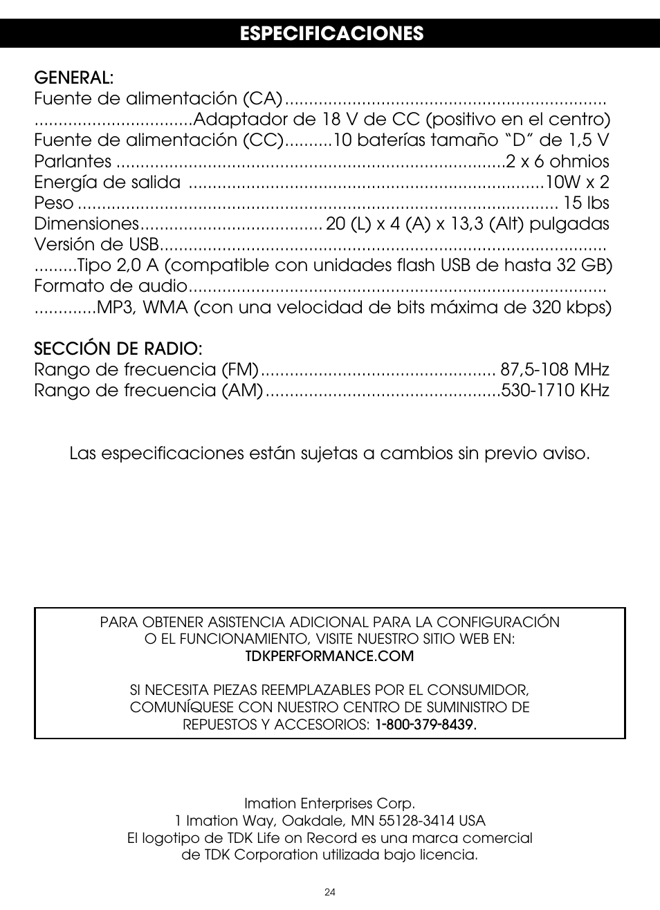 Especificaciones | TDK TP6802 2-Speaker Boombox User Manual | Page 50 / 78