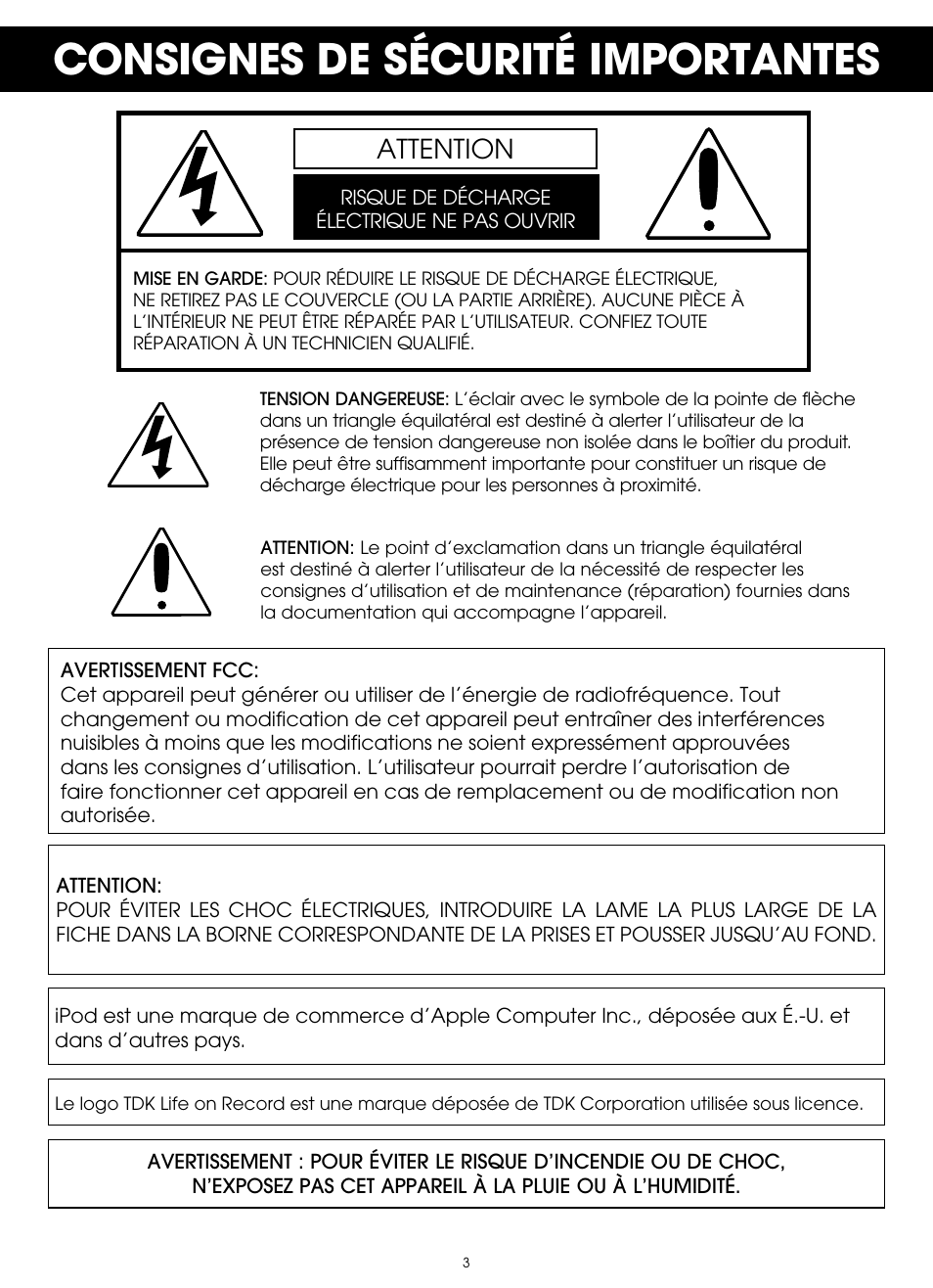 Consignes de sécurité importantes, Attention | TDK TP6802 2-Speaker Boombox User Manual | Page 55 / 78