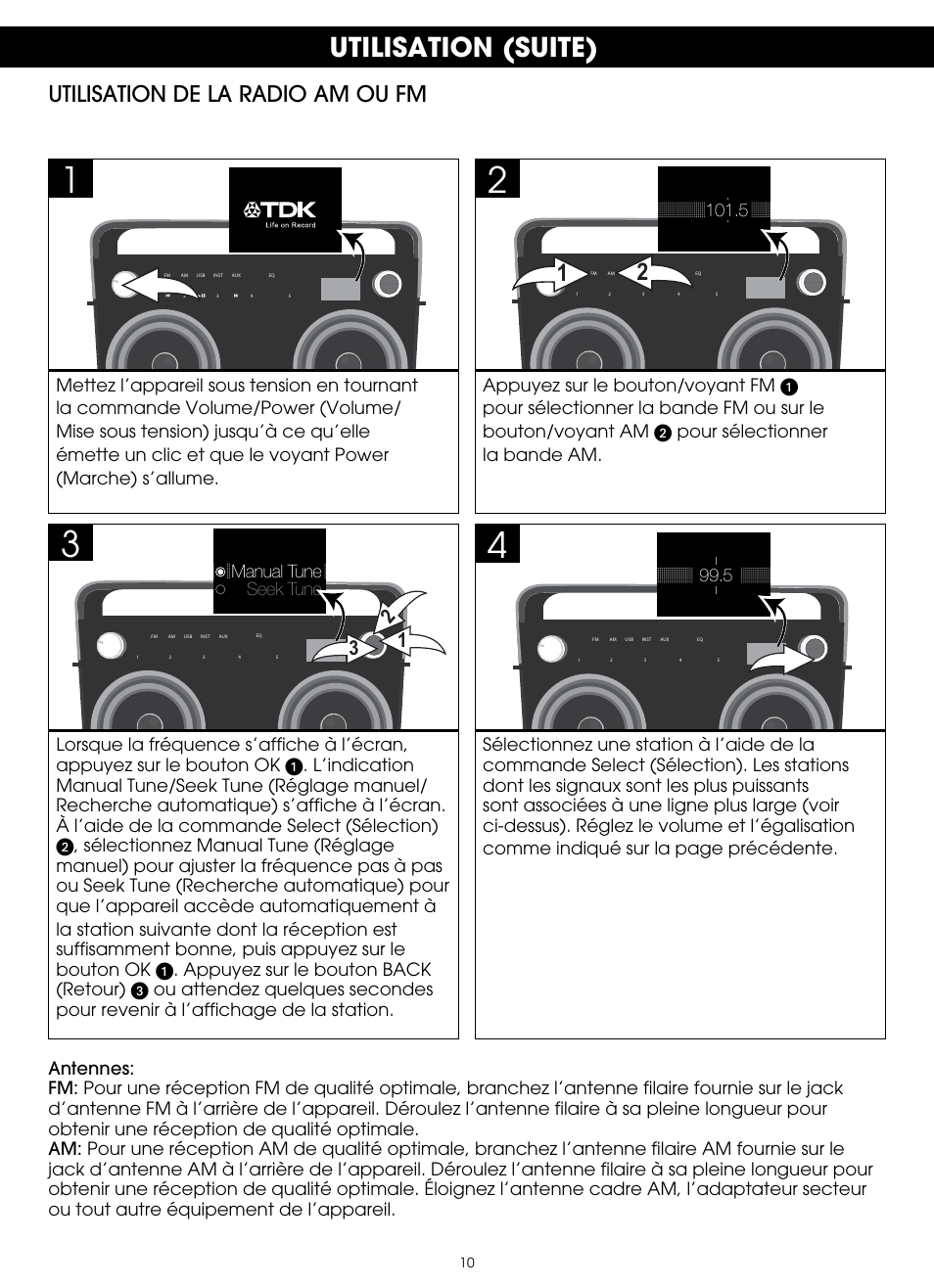 Utilisation (suite), Utilisation de la radio am ou fm | TDK TP6802 2-Speaker Boombox User Manual | Page 62 / 78