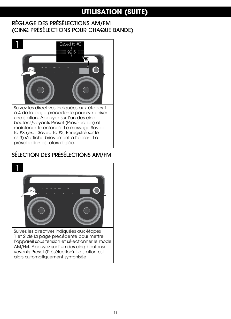 Utilisation (suite), Sélection des présélections am/fm | TDK TP6802 2-Speaker Boombox User Manual | Page 63 / 78